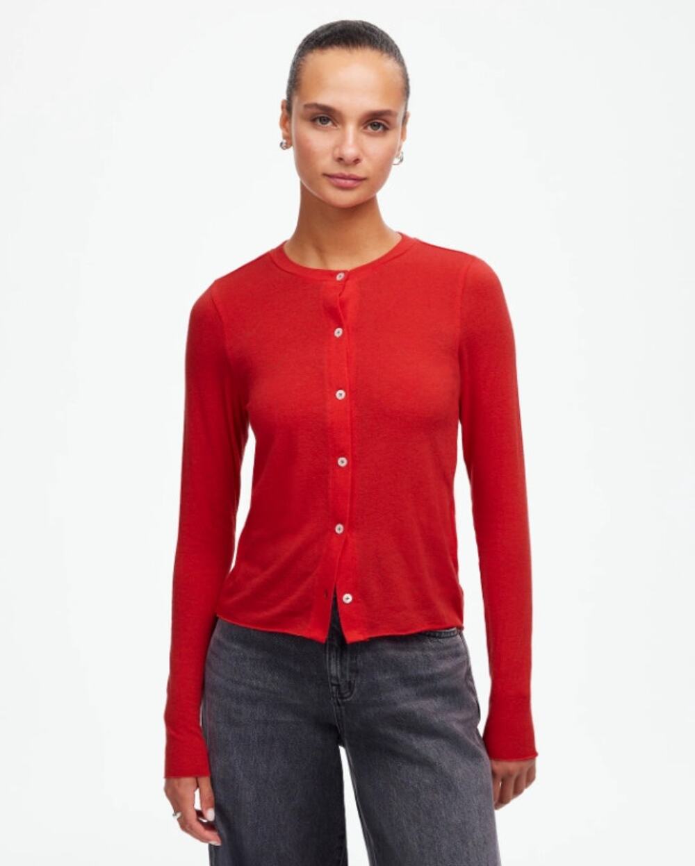 Madewell Wool-Blend Crewneck Cardigan WMNS 2XS Bright Cherry Button Up Stretch